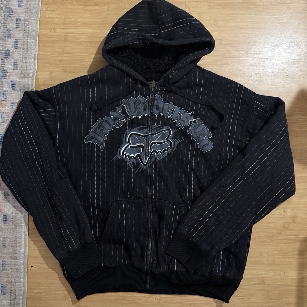 Very RARE Y2K Fox Racing Sasquatch Hoodie Mens XXL Zip Up‎ Sherpa Pinstripe EUC
